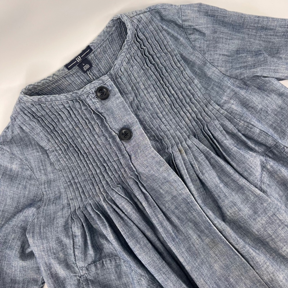 Gap Women Large Chambray Jacket Cotton Pintuck Pleated Swing Blue Button Top